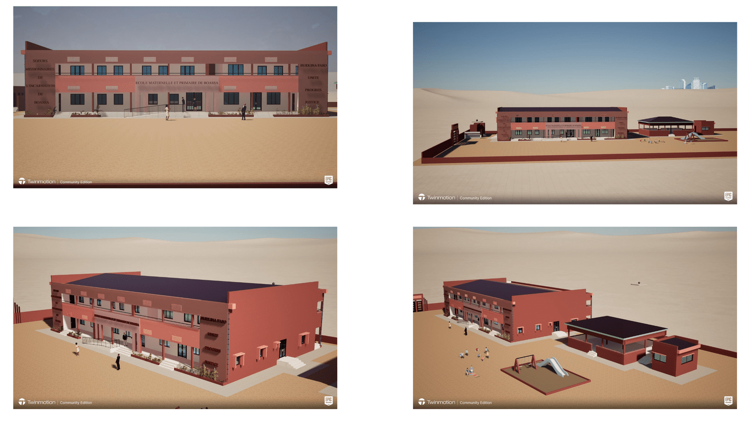 3D architectural renderings of the completed Boassa school — front elevation, aerial view, and playground